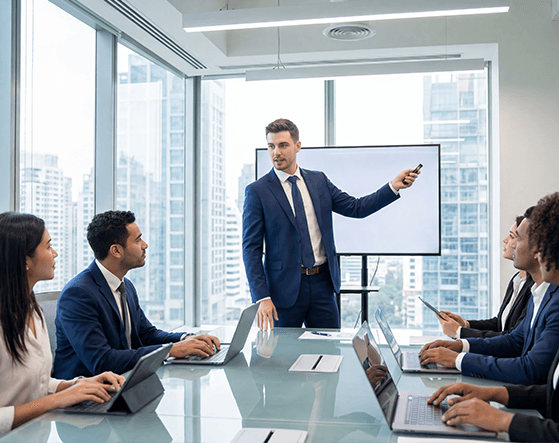 Facilitator presenting to a leadership team in a glass-walled meeting room