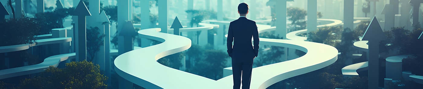 Leader standing where winding paths lined with upward arrows divide