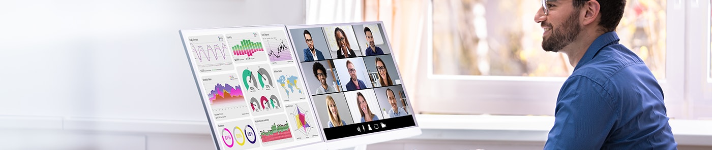 Presenter leading a video call from a desktop computer