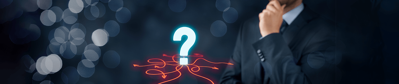 Businessman weighing a glowing question mark with branching paths