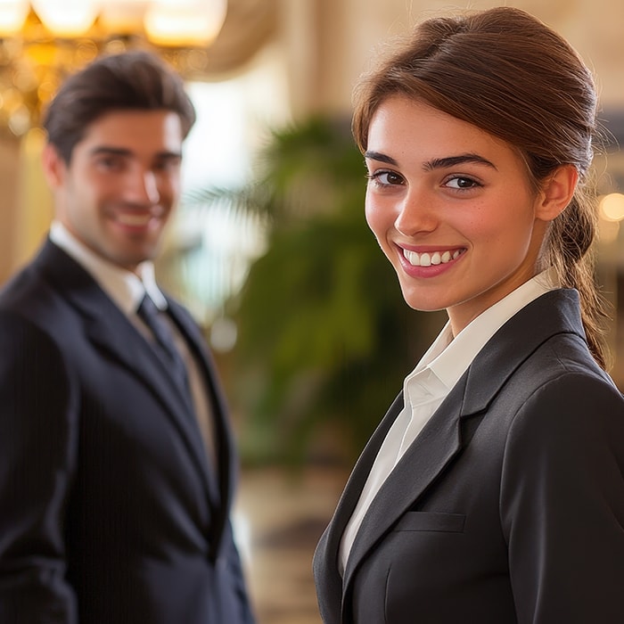 Hotel managers in a hotel lobby, representing the Hospitality Excellence academy