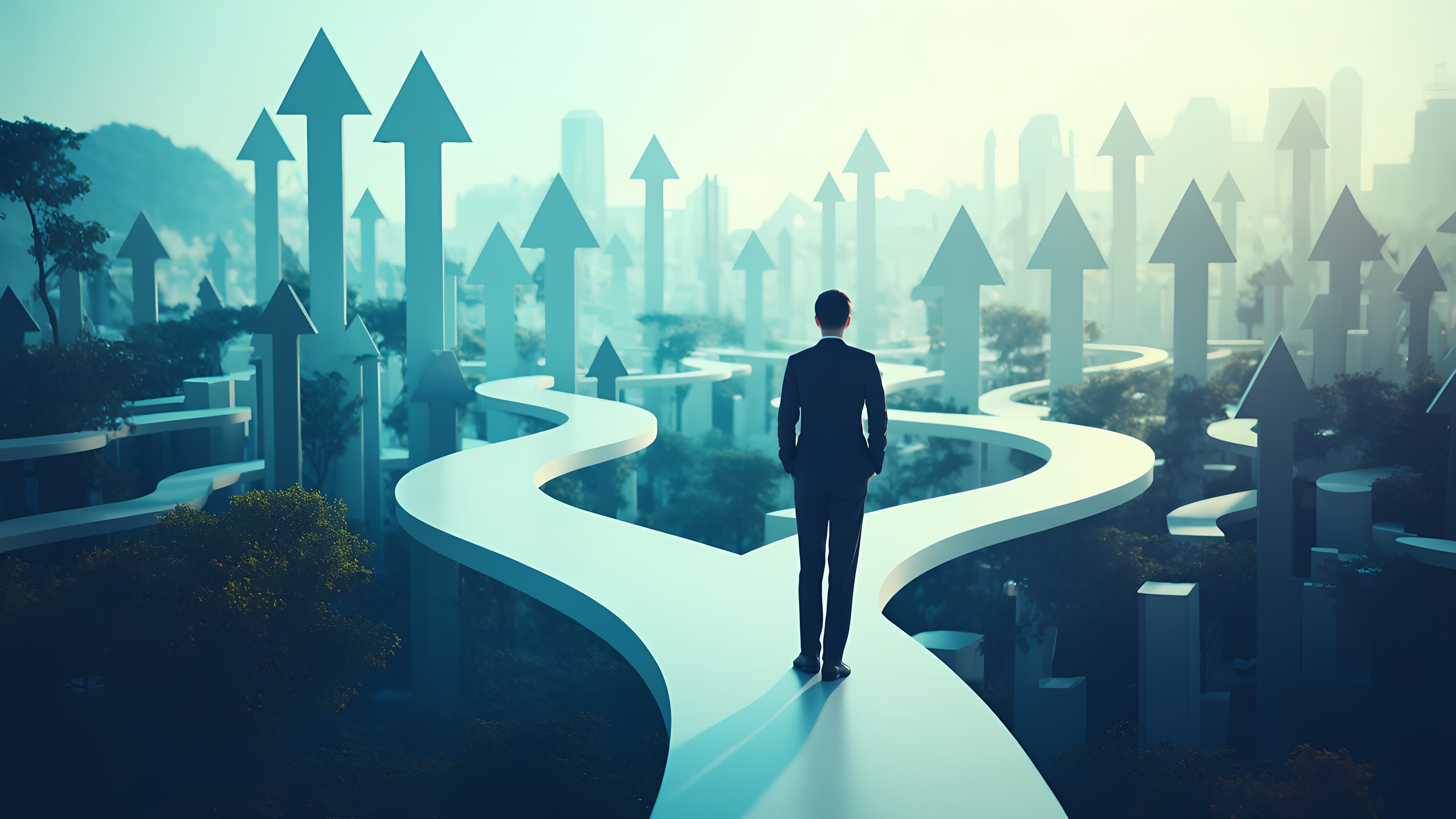 Leader standing where winding paths lined with upward arrows divide