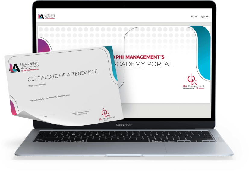 The Phi Online Learning Platform shown on a laptop beside a certificate of attendance